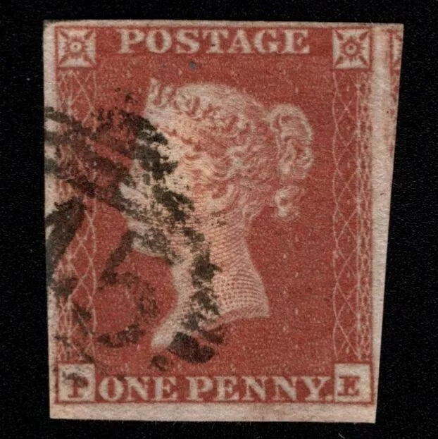 SG8 (BS91e) 1d Red Imperf Plate 123 - PE - 4 Margin - Very fine - Lavender Paper
