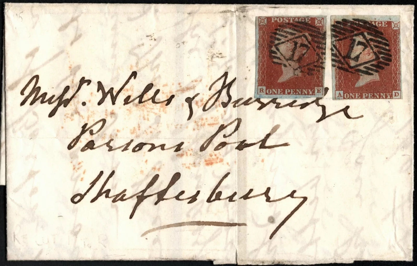 SG8 (BS51) 1d Red Imperf Plate 62 - AD - 4 Margin - Very fine - Re-entry Variety - Cover