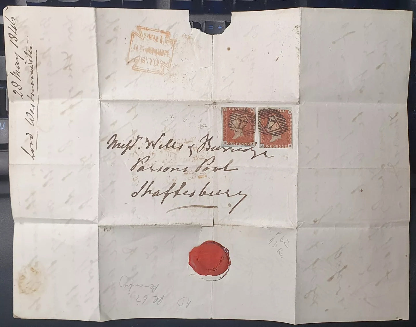 SG8 (BS51) 1d Red Imperf Plate 62 - AD - 4 Margin - Very fine - Re-entry Variety - Cover