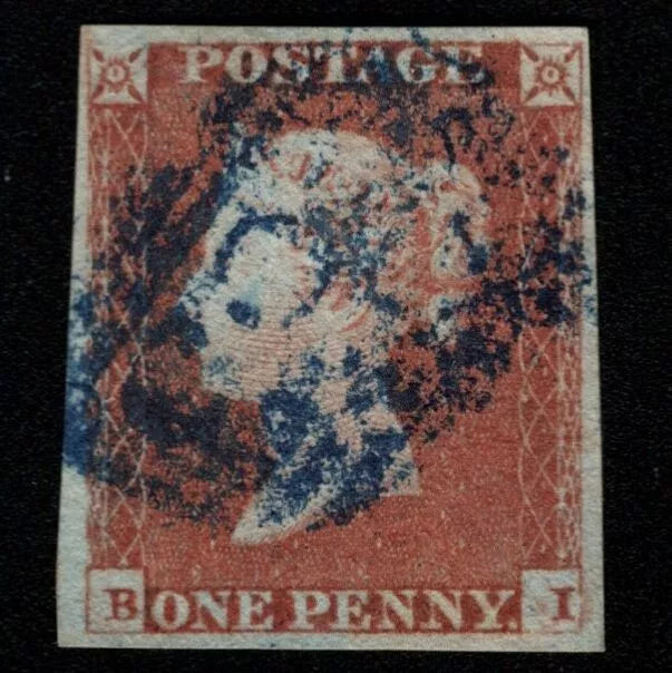SG8 (BS70) 1d Red Imperf Plate 81 - BI - 4 Margin - Fine - Blue cancellation